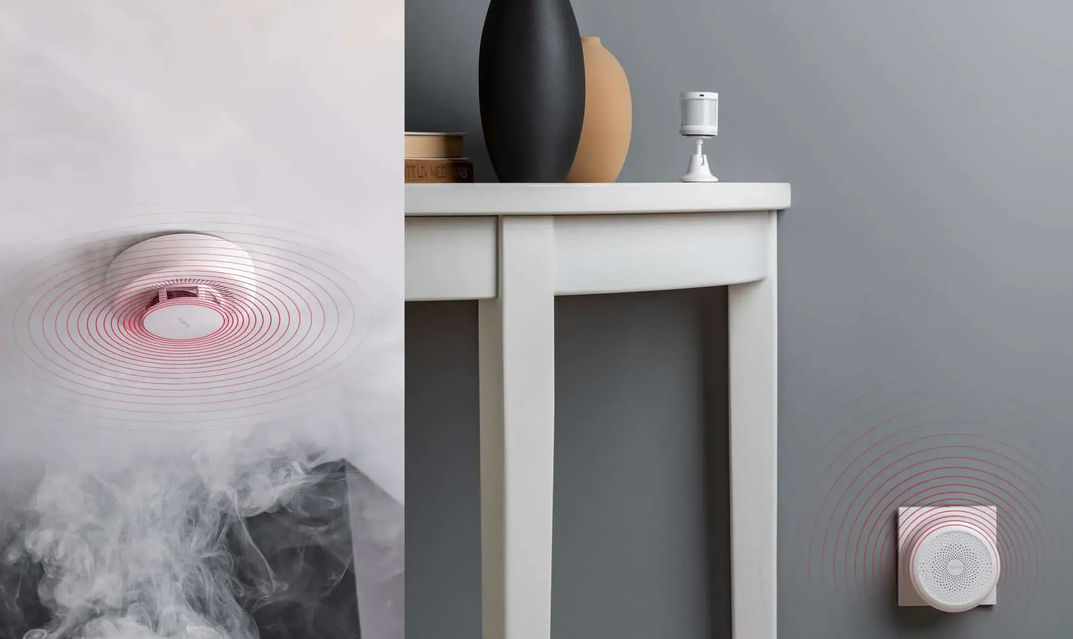 Czujnik dymu na suficie i czujnik naścienny z podłączonym wifi.