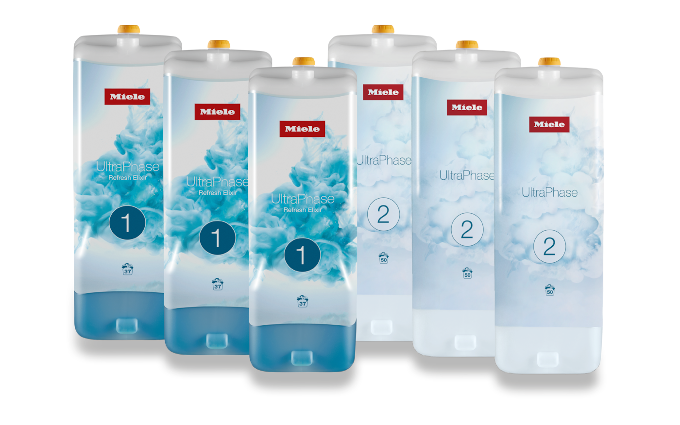 Mehrere Miele UltraPhase Waschmittelflaschen. Flaschen sind weiß und blau. Sie haben die Nummern 1 und 2.