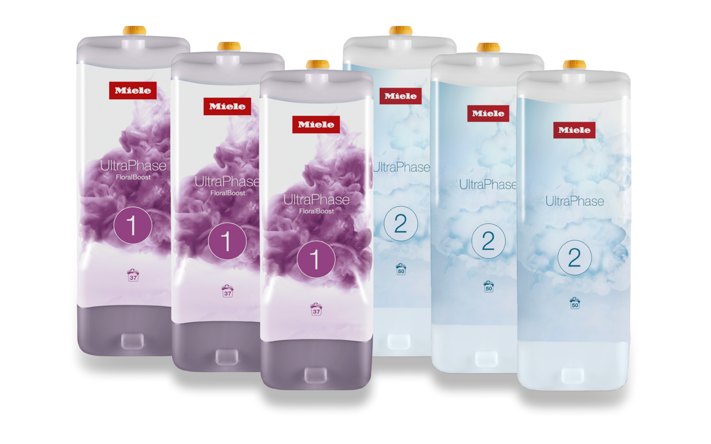 Mehrere Miele UltraPhase Waschmittelflaschen. Einige haben ein lila Blumendesign mit '1', andere ein blaues Design mit '2'.