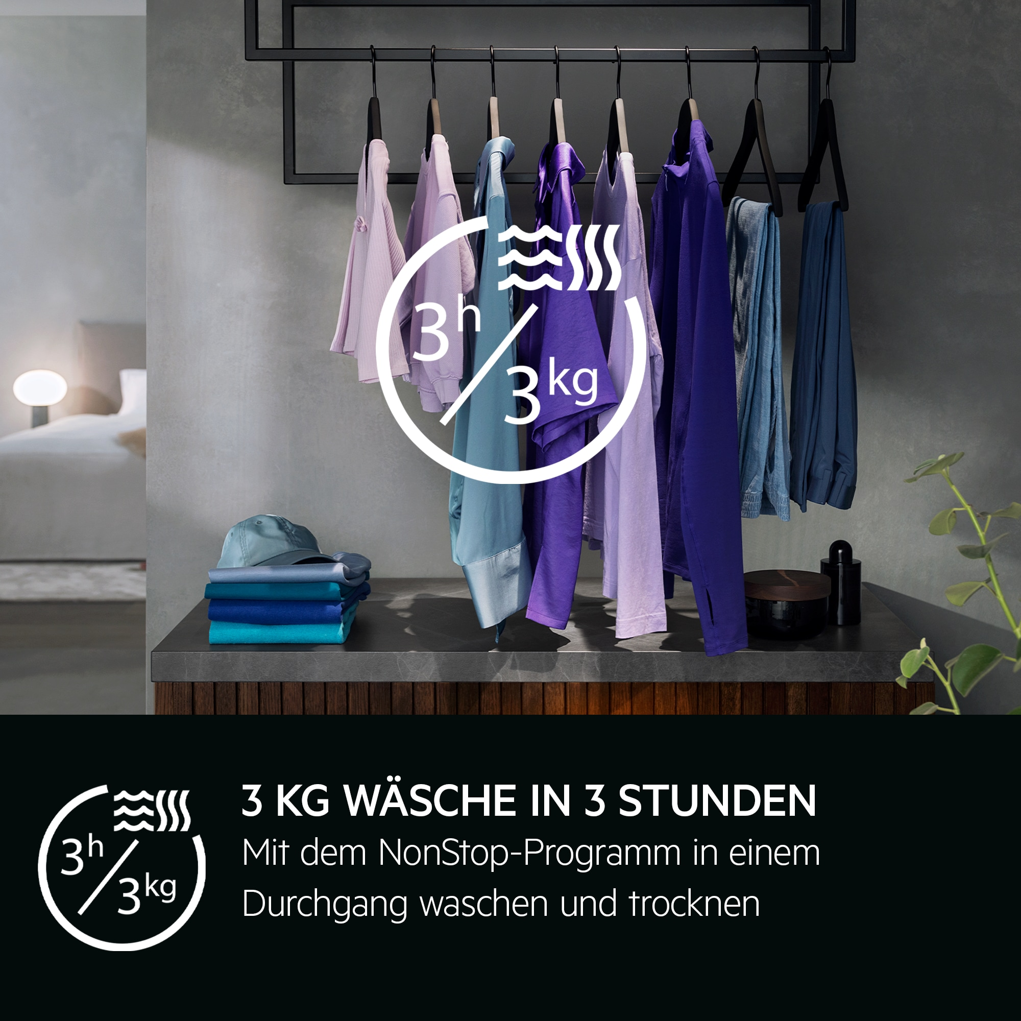 3kg Wäsche in 3 Stunden waschen und trocknen. Kleider hängen an Bügeln.