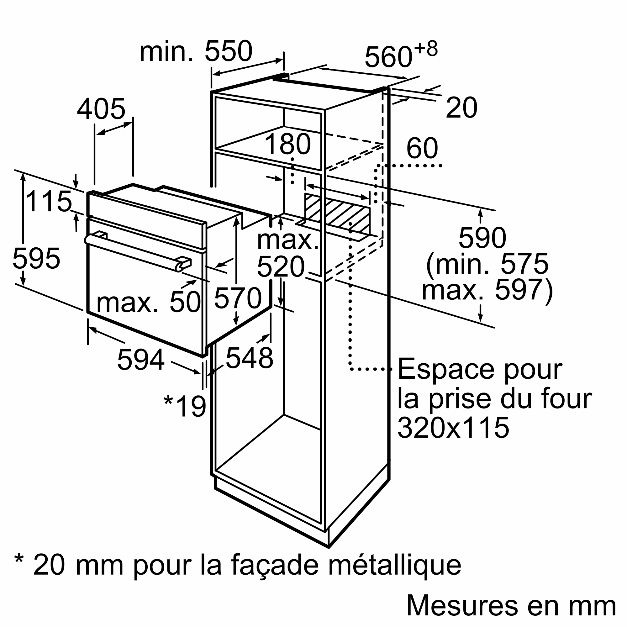Technical drawing of a built-in oven. Dimensions are labeled in millimeters, showing the oven's construction.