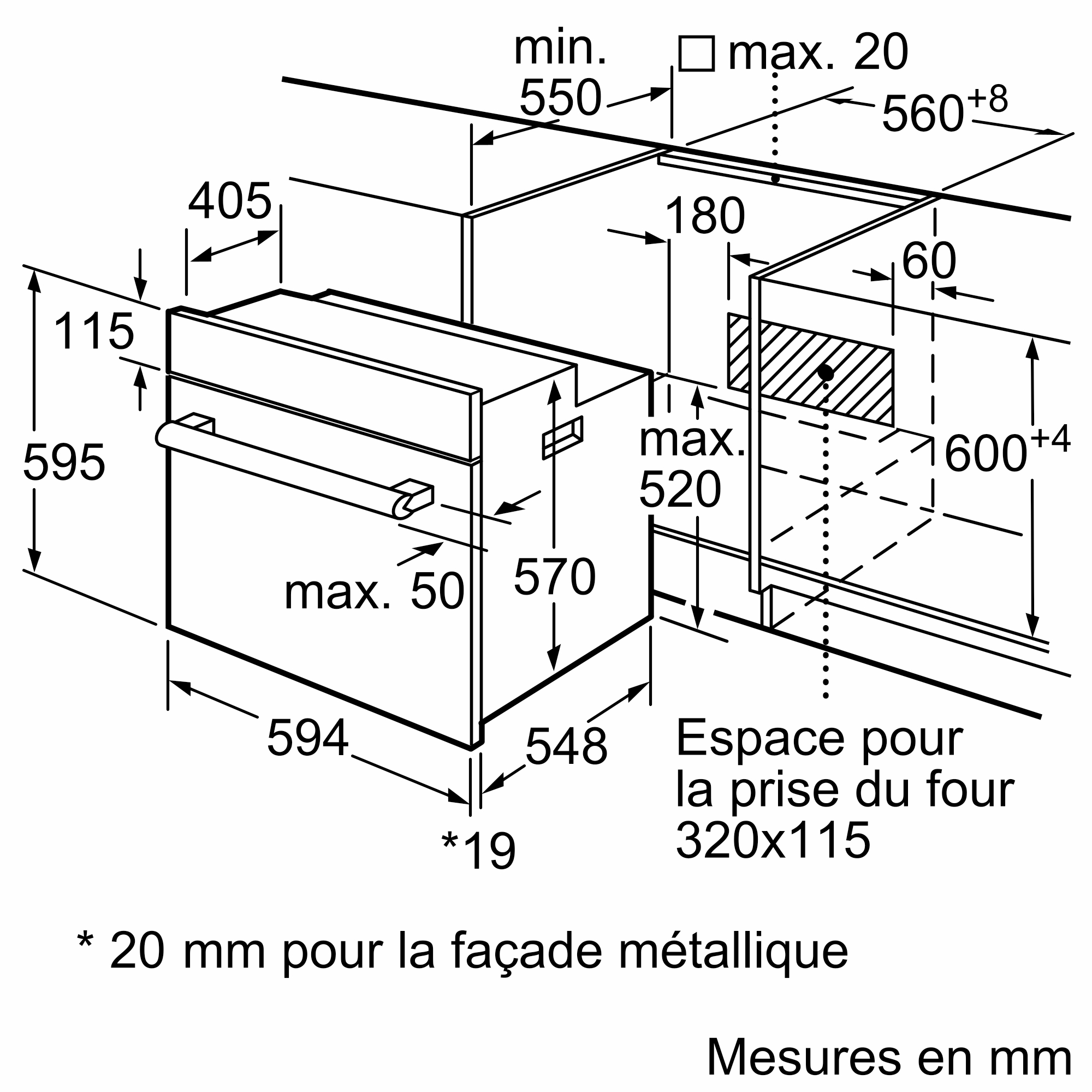 Diagram of an oven with dimensions and measurement details.