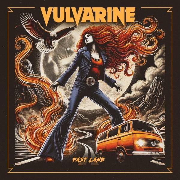 Album borító vörös hajú nővel. Egy út, egy furgon és egy sas. Szöveg: Vulvarine Fast Lane.