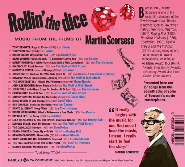 Rückseite einer Martin Scorsese Film-Musik-CD. Enthält Albumdetails, Text und eine Karikatur von Scorsese.