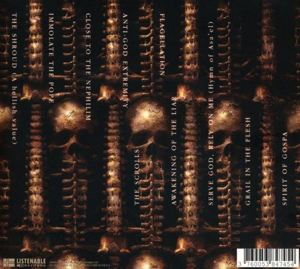 Albumcover mit dunkler, schädelgefüllter Kunst und Songtiteln, mit einem Barcode unten.