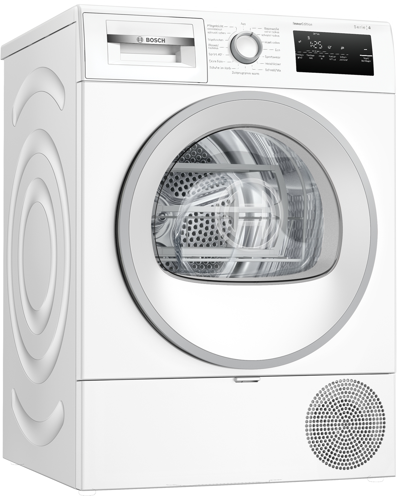 Ein weißer Bosch Serie 4 Trockner. Er hat eine Glastür, ein Bedienfeld und einen Drehregler für Einstellungen.