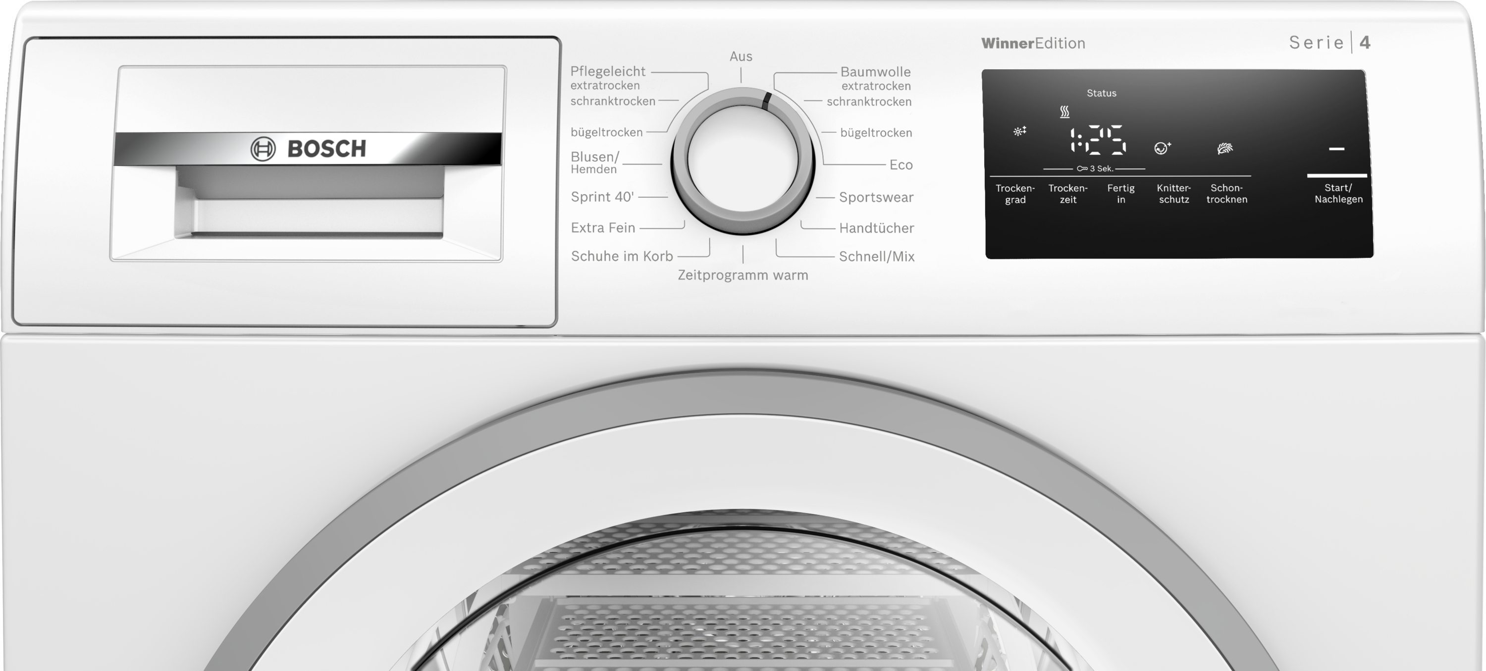 Ein weißer Bosch-Trockner mit Bedienfeld, Wahlschalter und digitaler Anzeige. Die Tür ist transparent, innen sichtbar.