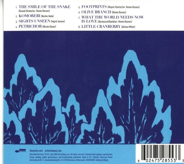 Rückseite einer CD mit Songtiteln und einem blau-weißen Design mit Naturmotiven.