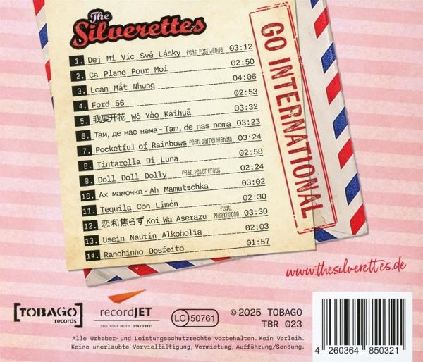 CD-Rückseite: Titelliste von The Silverettes mit Titellängen. Buntes Design mit Luftpost-Thema.