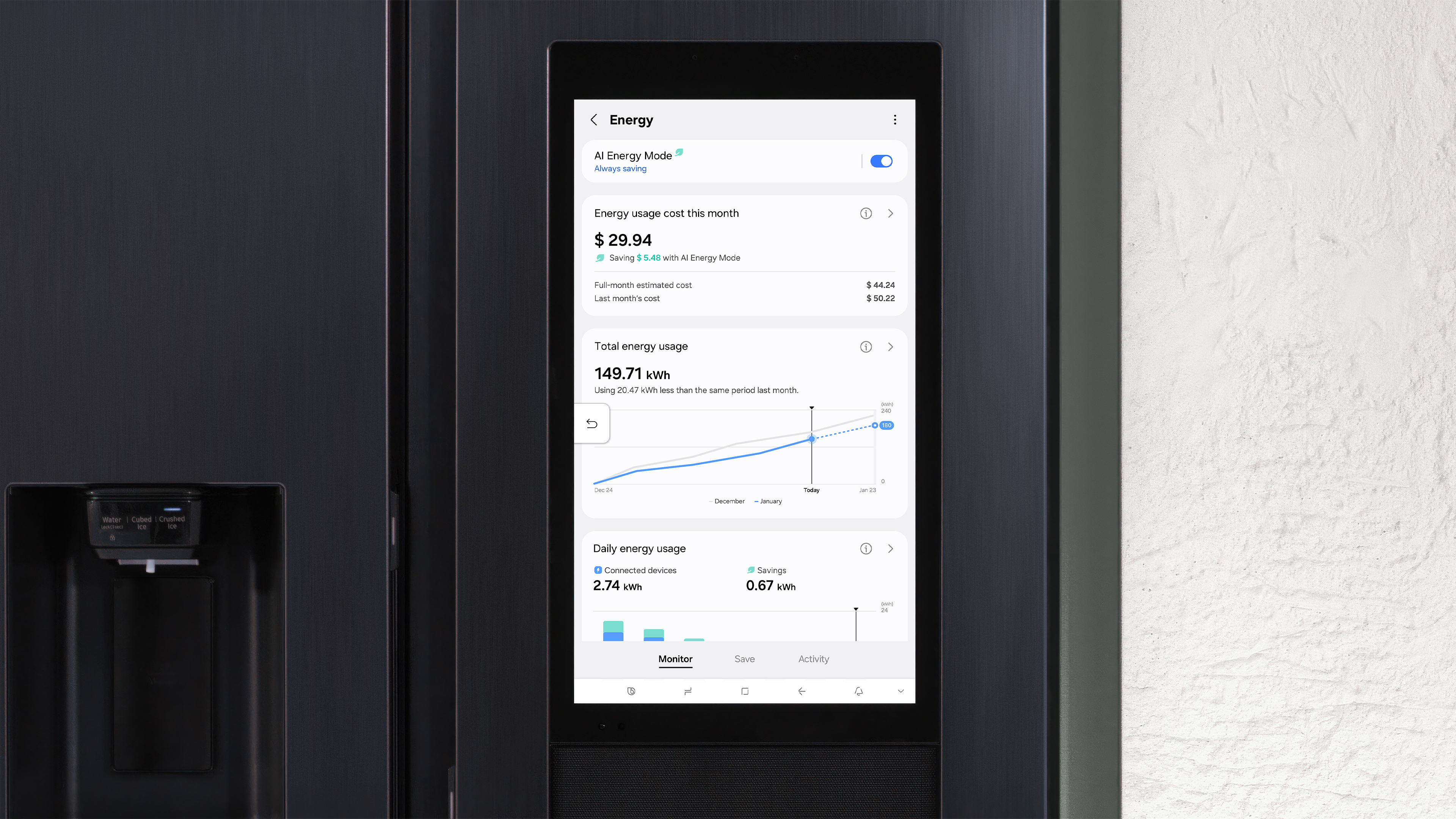 Kühlschirm zeigt Energieverbrauchsdaten. Das Diagramm und Details zur Energieeinsparung.