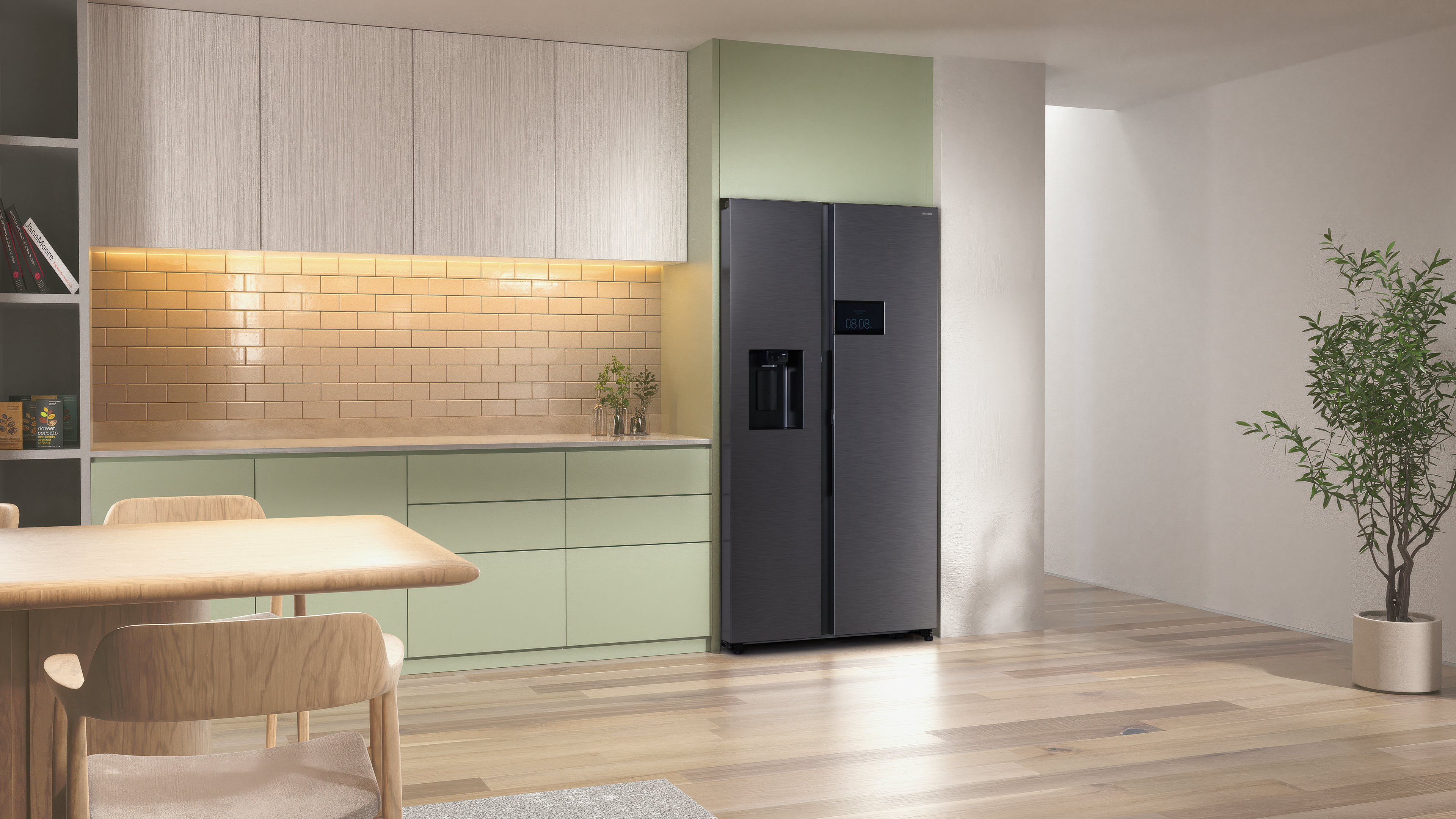 Moderne Kücheneinrichtung mit Kühlschrank, Tisch und Pflanzen. Neutrale Farben dominieren.