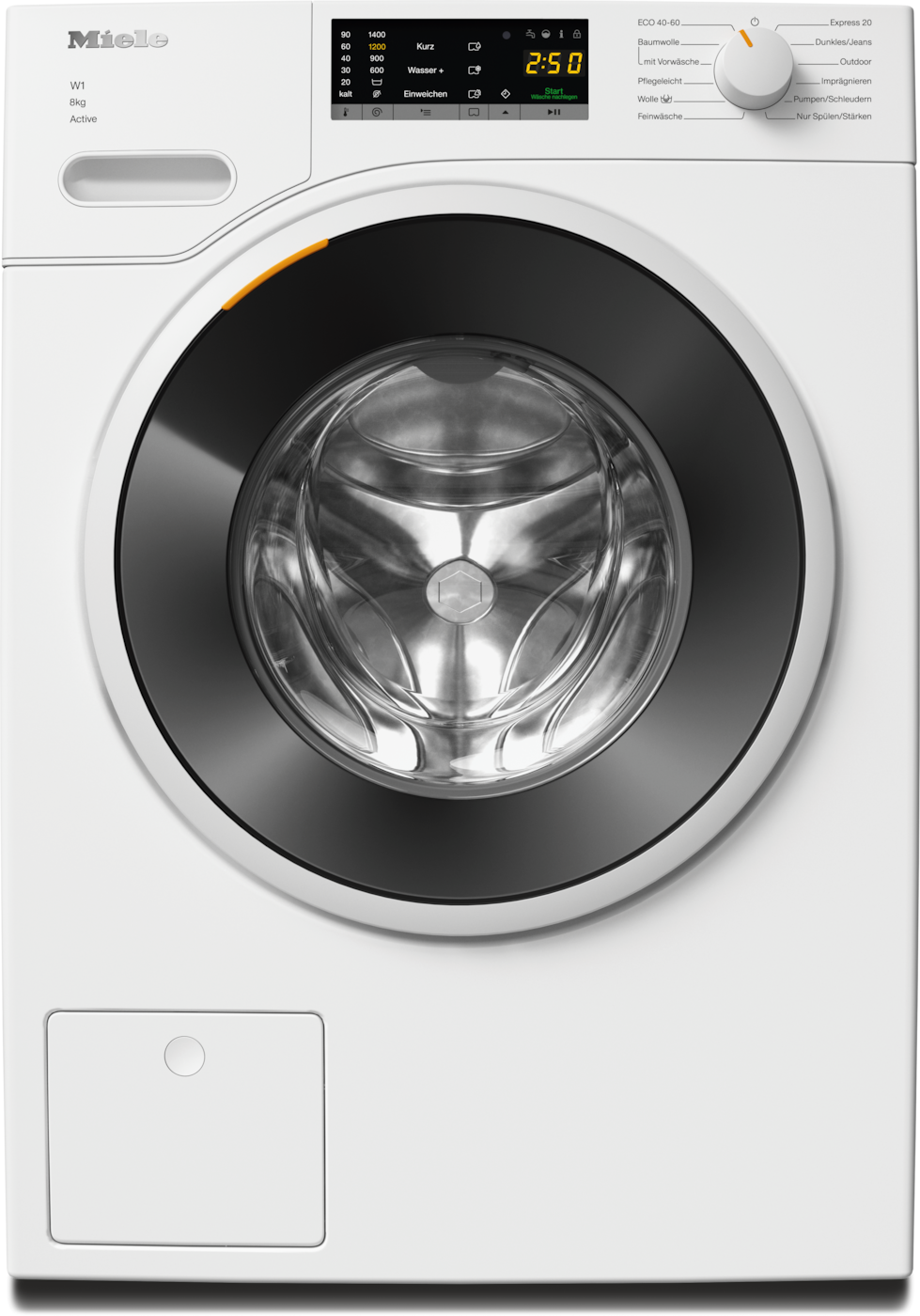 Weiße Miele Waschmaschine mit schwarzer Tür und Digitalanzeige, die die Zeit anzeigt.