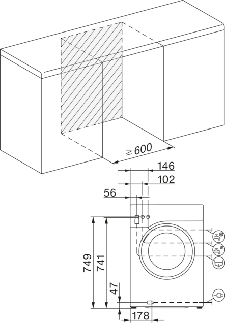 Diagramm einer Waschmaschine mit Abmessungen zur Installation.