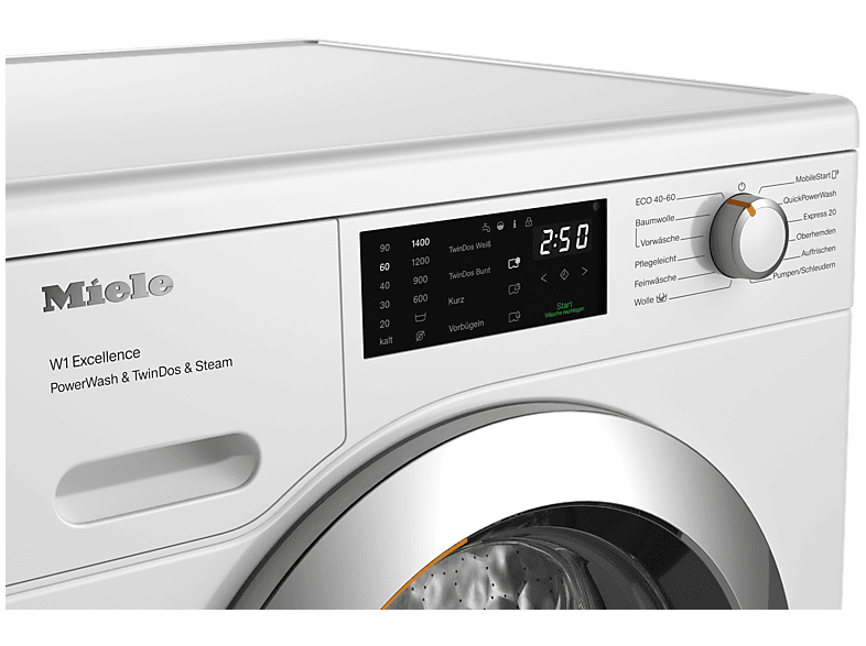 MIELE WEG885 WPS PWash&TDos&Steam W1 Chrome Edition Waschmaschine (9 kg, 1400 U/Min., A, Flusenfilter, Fremdkörperfilter)