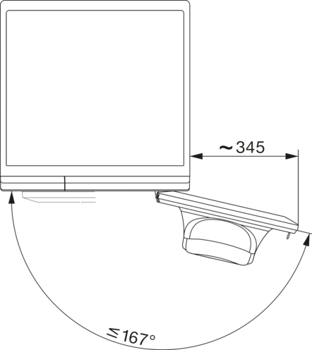 Diagramm eines TV-Ständers. Schräge Ansicht, schwarze Linien auf schwarzem Hintergrund, mit Messungen.