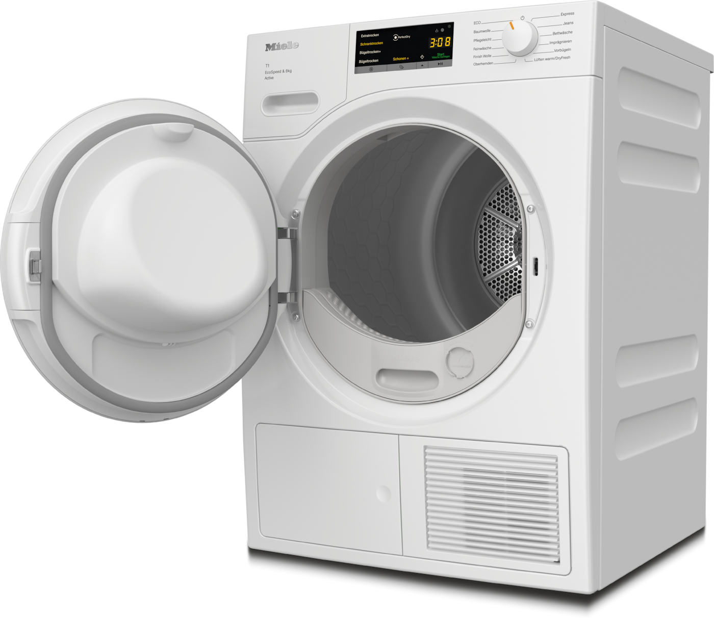 Ein weißer Miele-Trockner mit offener Tür. Das Bedienfeld zeigt Einstellungen und einen digitalen Timer. Die Trommel ist sichtbar.