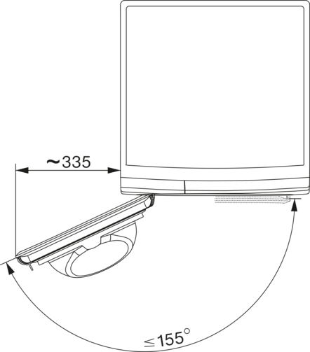 Technische Zeichnung eines Geräts, zeigt Abmessungen und Winkel.