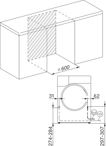 Diagramm einer Waschmaschine mit Maßen. Schwarze Linien auf weißem Hintergrund.