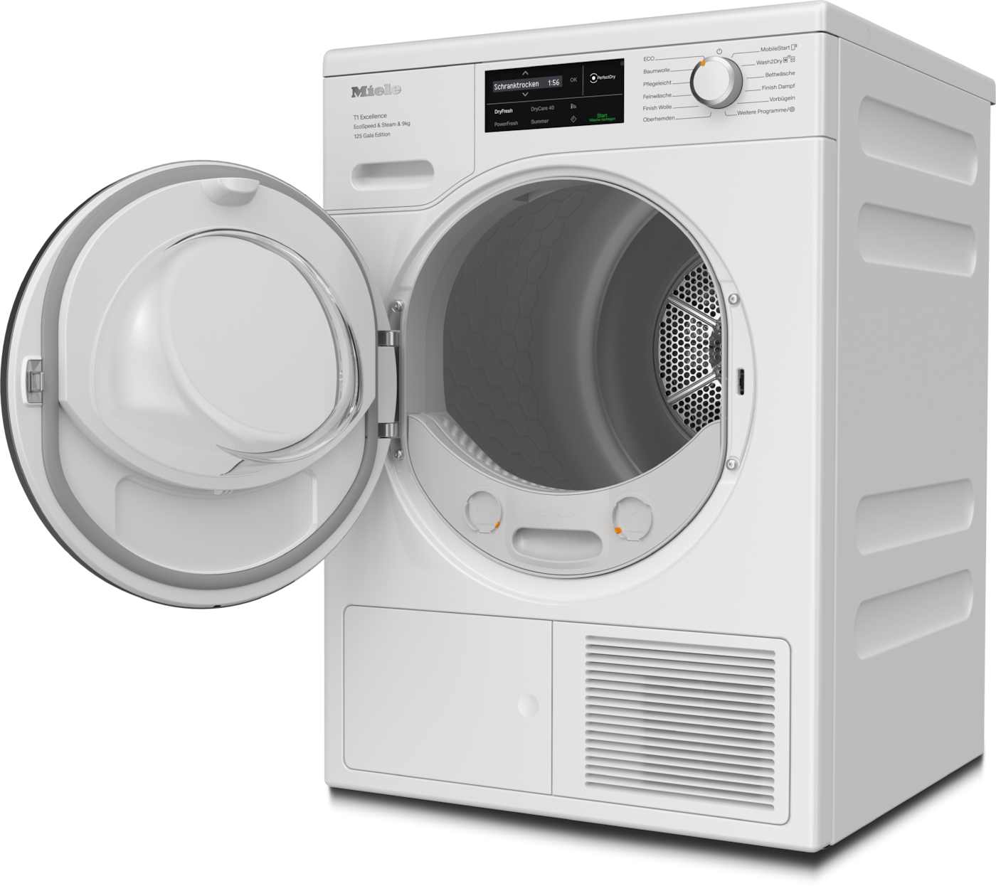 Ein weißer Miele-Trockner mit offener Tür. Im Inneren ist eine Trommel mit Metallfilter sichtbar. Das Bedienfeld zeigt Einstellungen und ein Display.