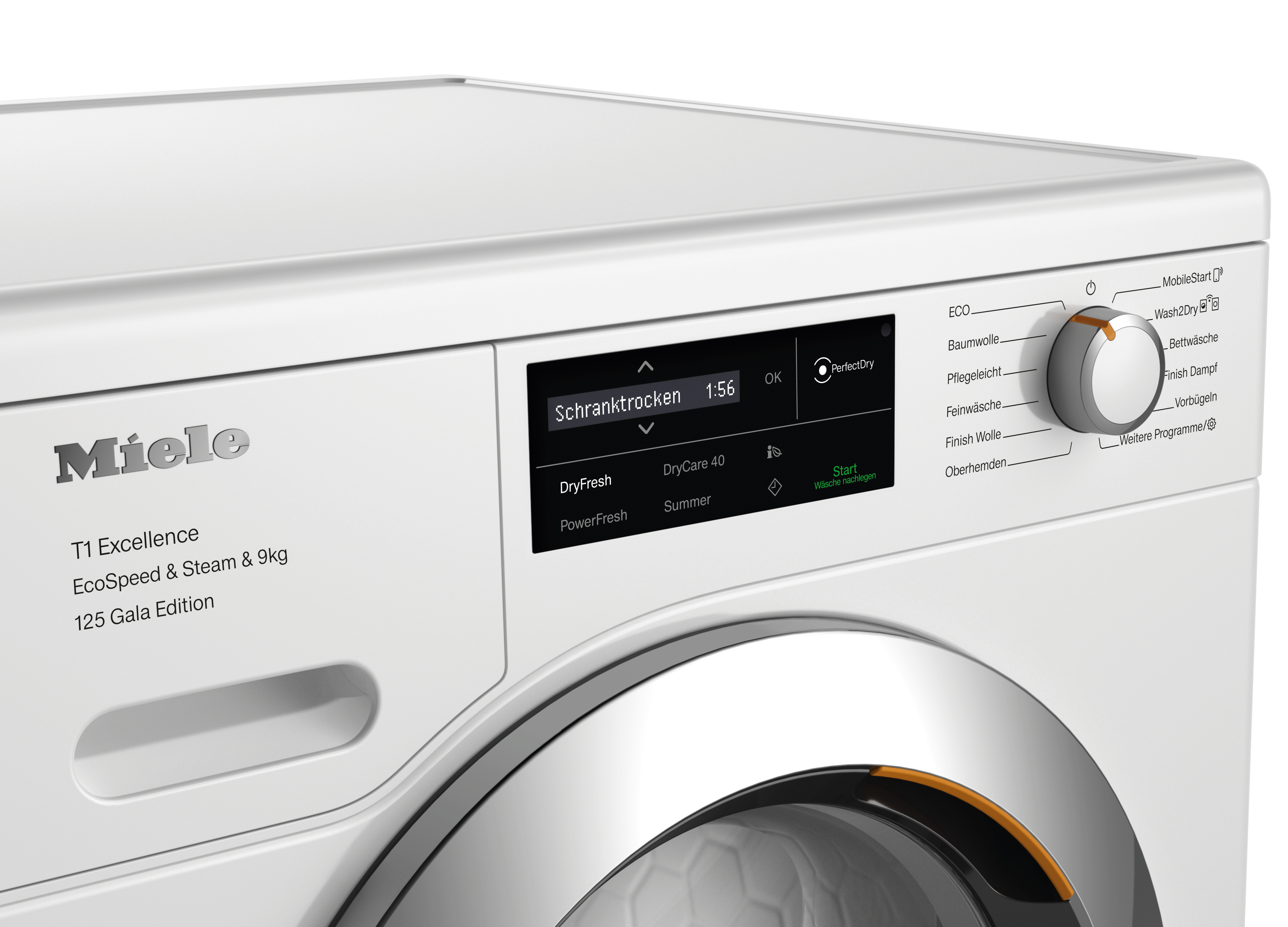 Das Bedienfeld einer weißen Miele-Waschmaschine ist abgebildet. Es verfügt über ein digitales Display, einen Knopf und Programmoptionen.
