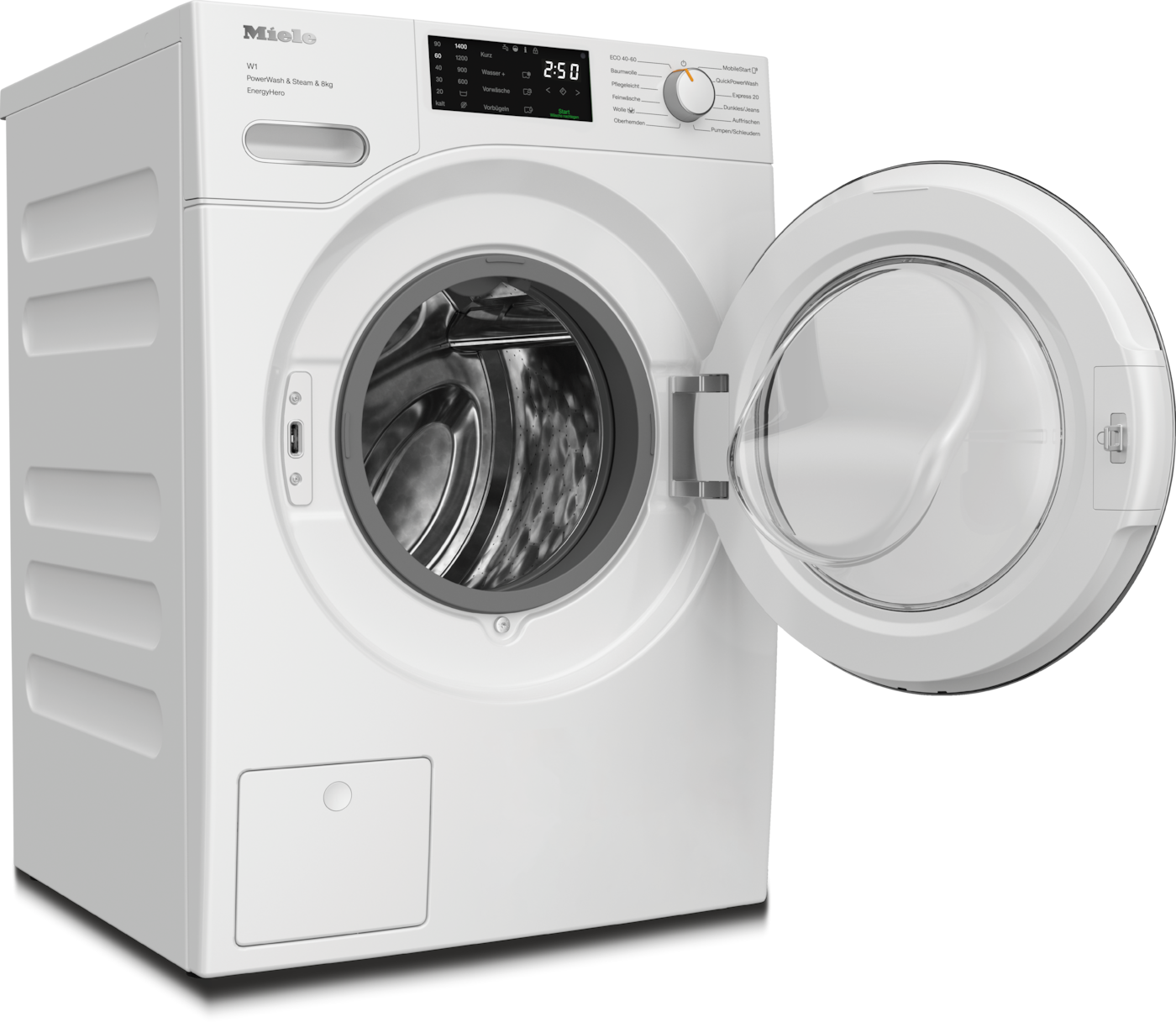 Eine weiße Miele-Waschmaschine mit offener Tür. Die Trommel ist sichtbar. Bedienelemente und Display sind vorhanden.