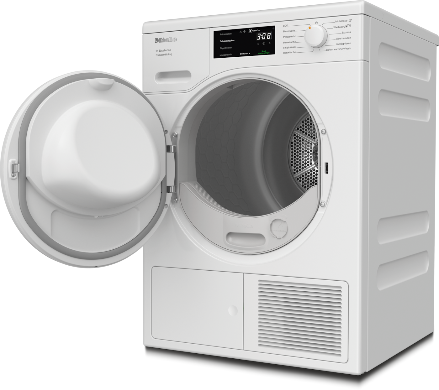 Ein weißer Miele-Trockner mit offener Tür, der das Innere und das Bedienfeld mit digitaler Anzeige zeigt.