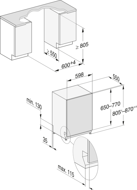 Diagramm der Küchengeräteinstallation mit Abmessungen. Enthält Schränke, Arbeitsplatte und Gerät mit Maßen in mm.