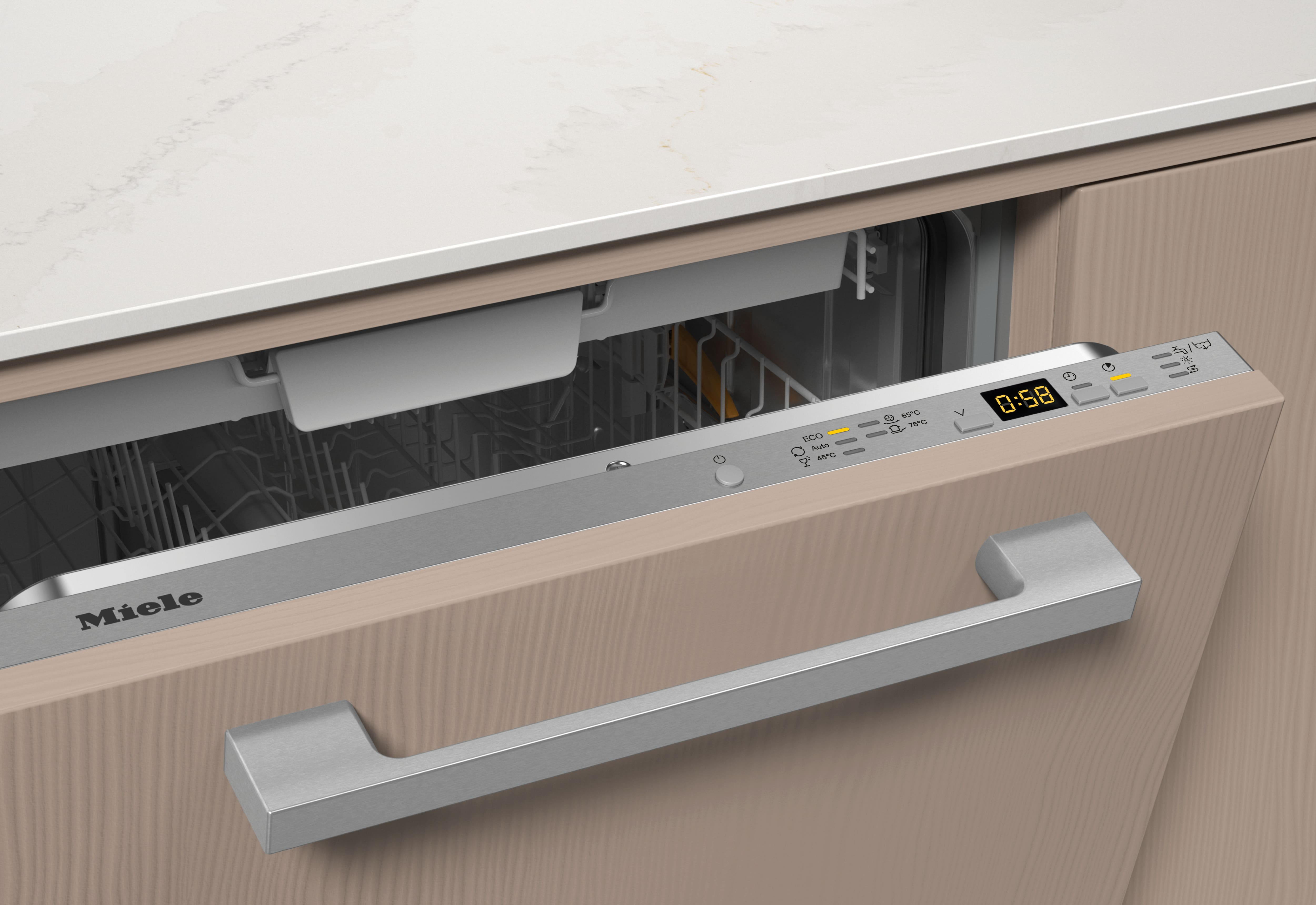 Geschirrspülertür steht einen Spalt breit offen, zeigt Digitalanzeige mit 0:58 Timer.