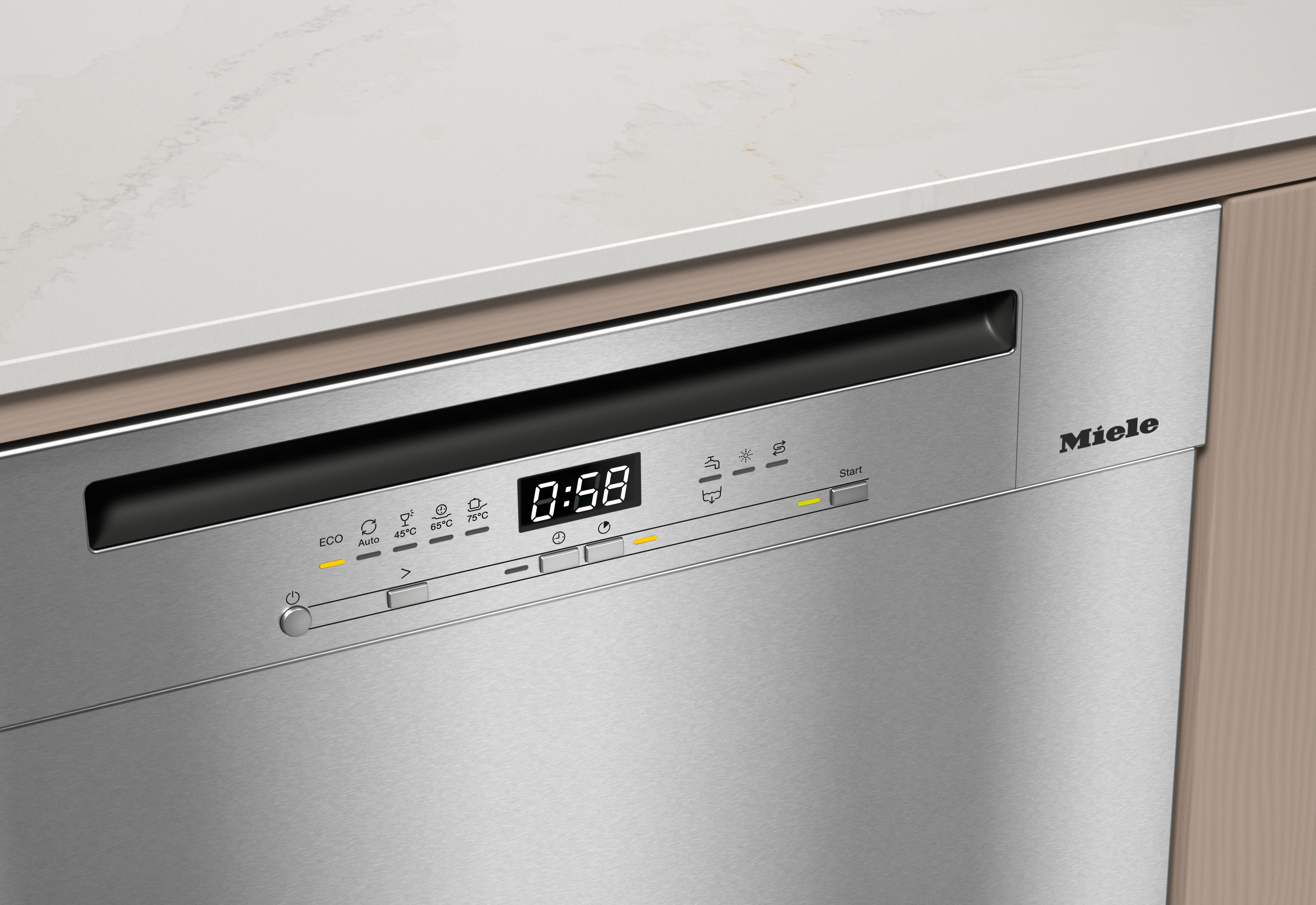 Nahaufnahme des Bedienfelds eines Geschirrspülers mit Digitalanzeige und Bedientasten. Die Maschine ist beige.