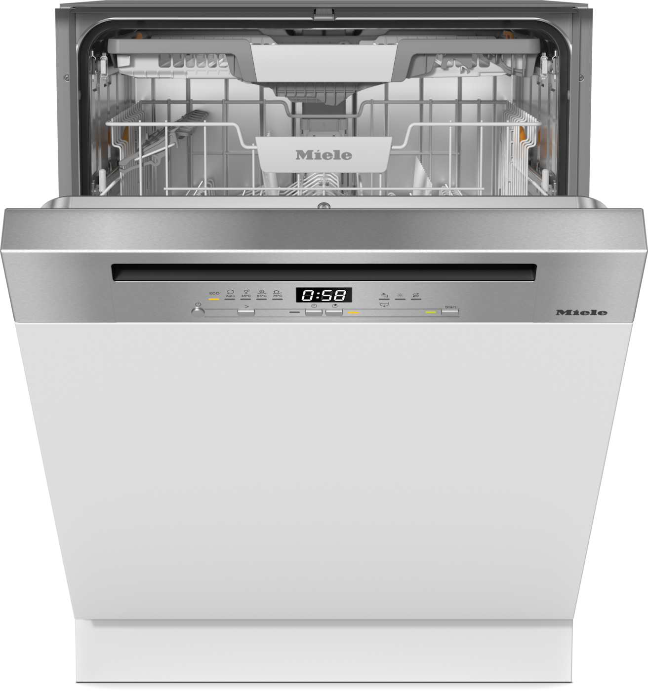 Ein weißer Geschirrspüler mit geöffneter Tür, zeigt die Innenregale.