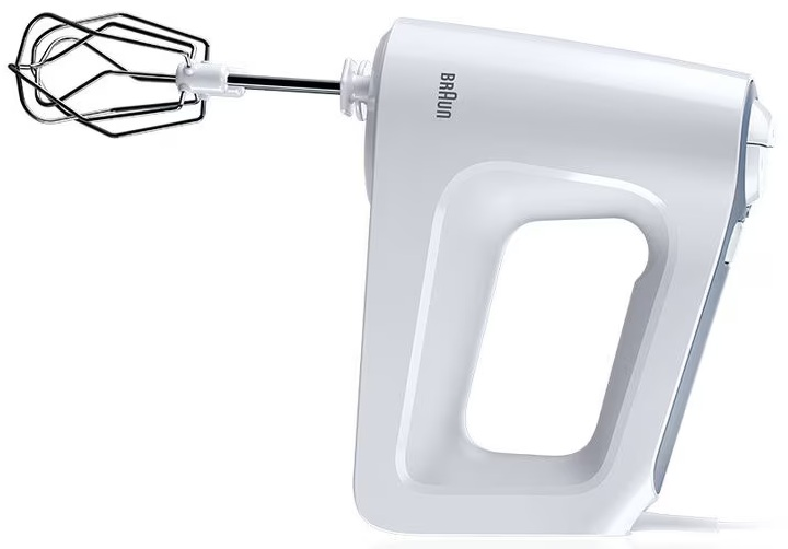 Biały mikser ręczny Braun z głowicą miksującą po lewej stronie. Tło białe.