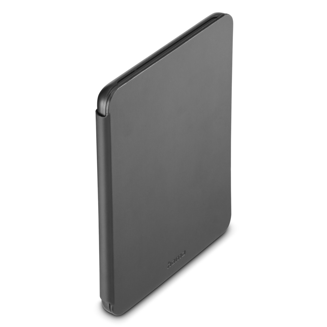 Ein dunkelgraues Tablet- oder E-Reader-Gerät, aus leichtem Winkel betrachtet, mit minimalistischem Design.
