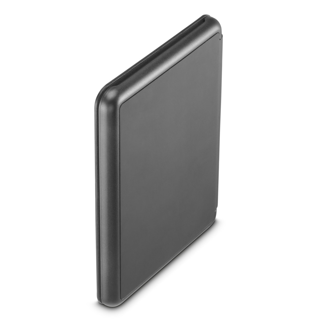 Eine schlanke, graue Powerbank, leicht abgewinkelt. Sie ist rechteckig und hat abgerundete Kanten.
