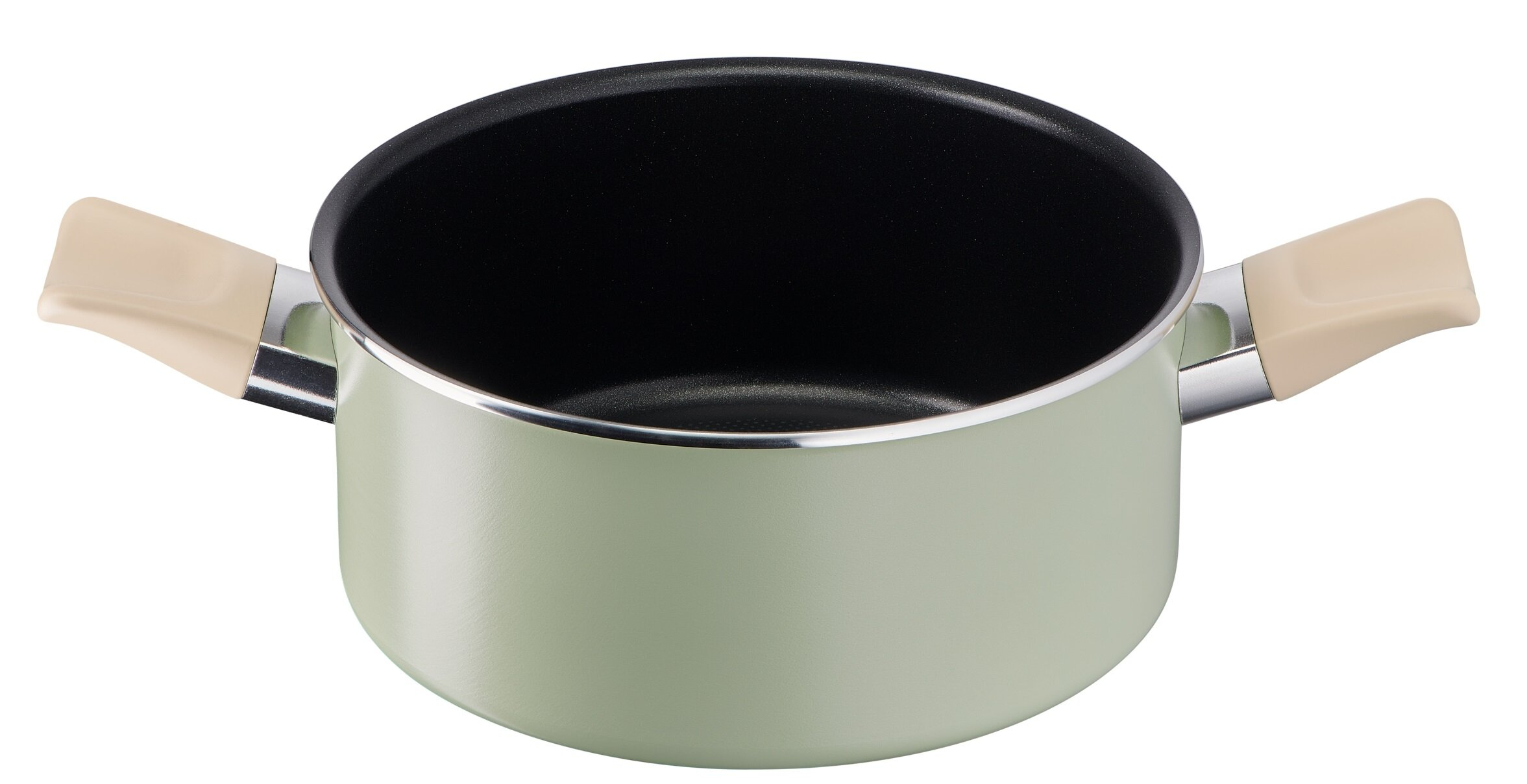 Jasnozielony garnek z beżowymi uchwytami.