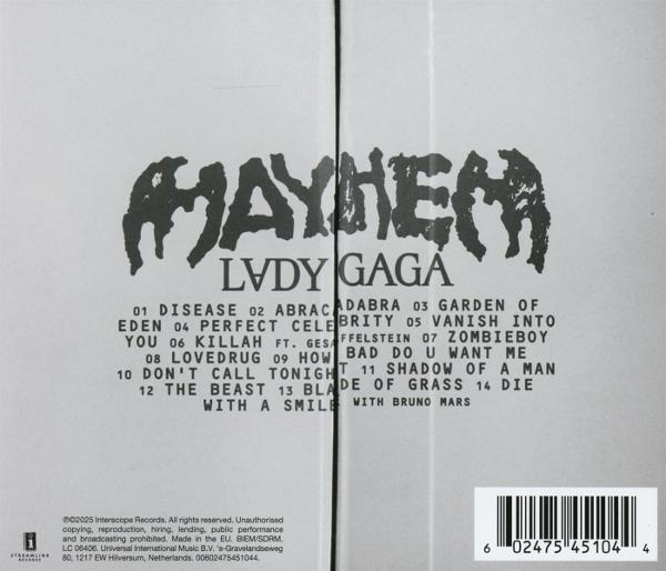 Album borító Mayhem logóval és egy számlistával.
