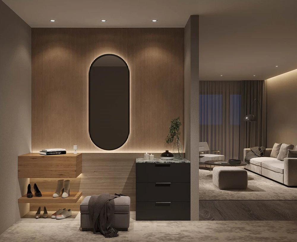 Nowoczesne wnętrze z boazerią, lustrem i konsolą. W tle widoczny jest salon.