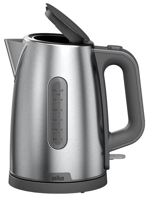 Srebrny czajnik elektryczny z otwartą pokrywą, pokazujący wskaźnik poziomu wody.