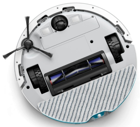 Widok od spodu białego robota sprzątającego ze szczotkami i kołami.