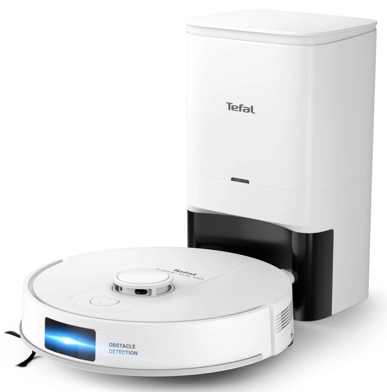 Biały odkurzacz automatyczny i jego stacja ładująca na białym tle.