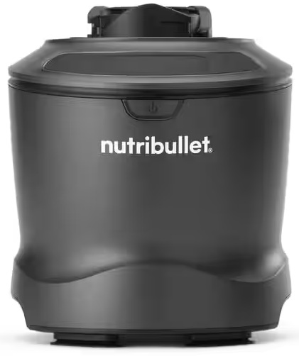 Czarna podstawa blendera Nutribullet z białym logo. Blender stoi na białym tle.
