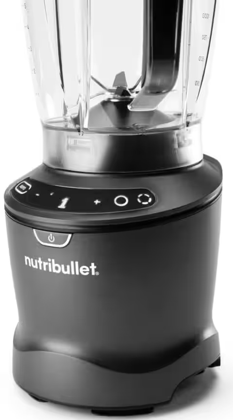 Czarno-szary blender Nutribullet. Baza posiada przyciski i nazwę marki.