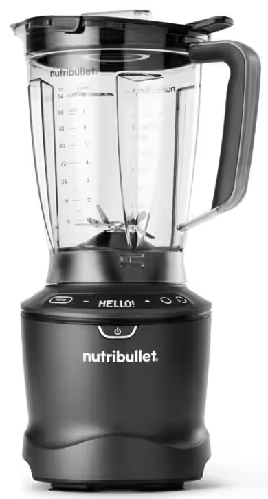 Czarny i szary blender Nutribullet z przezroczystym pojemnikiem i przyciskiem 'HELLO!'.