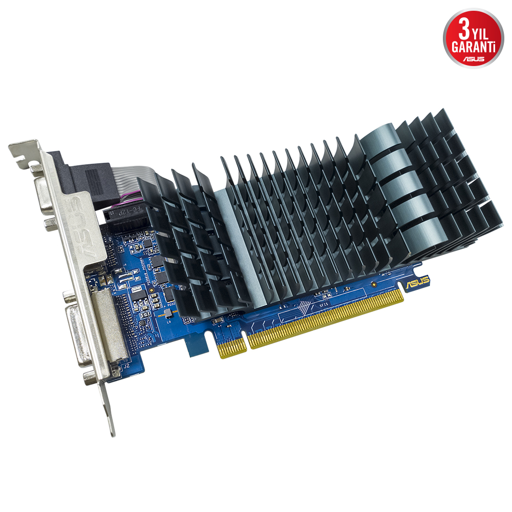 Mavi ve gümüş ASUS grafik kartı. Soğutucu ve çeşitli bağlantı noktaları var. 3 yıl ASUS garantisi mevcut.