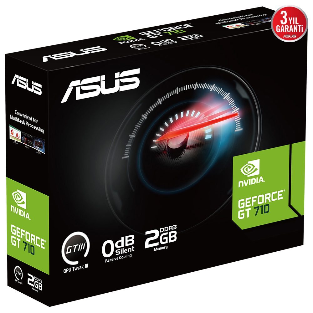ASUS ve NVIDIA logoları, GeForce GT 710 markası ve bir kadran grafiği içeren grafik kartı kutusu.