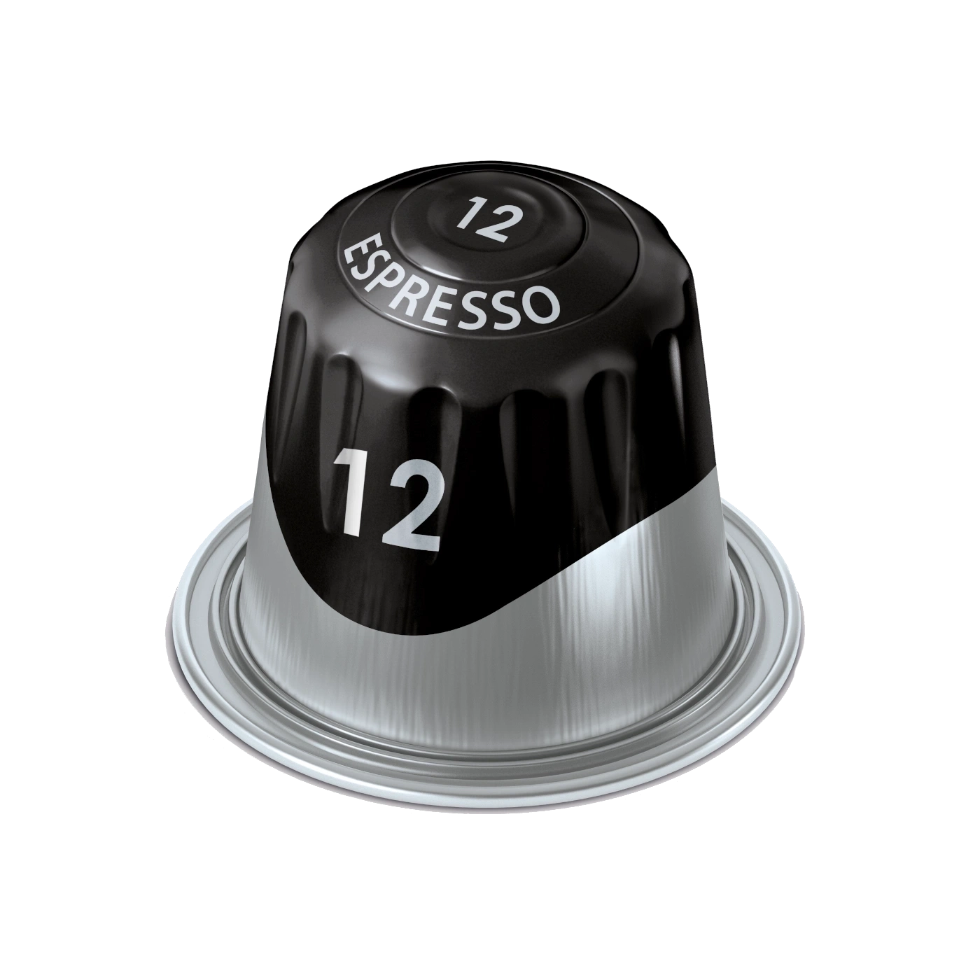 Espresso-Kaffeekapsel, schwarz mit silberner Basis, beschriftet mit '12 ESPRESSO 12'.