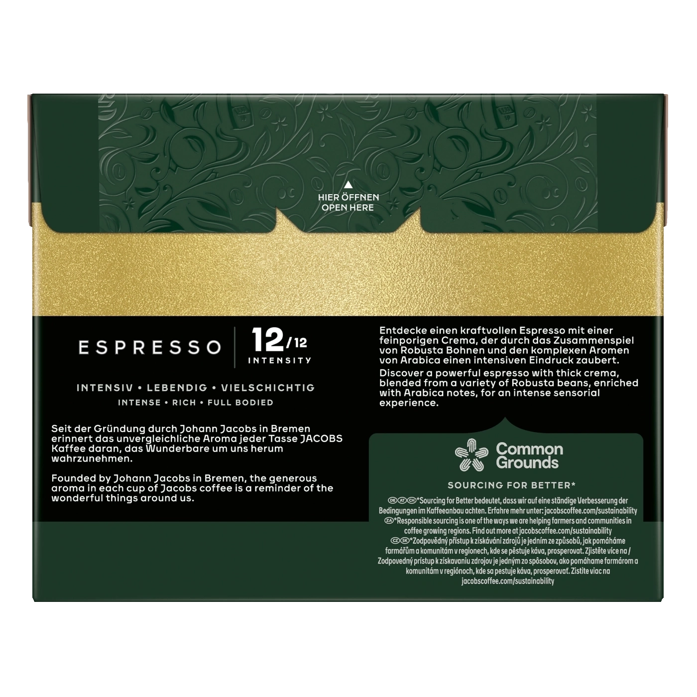 Kaffeeverpackung. Dunkelgrüne Box mit Text zur Beschreibung von Espresso. Enthält ein Logo und weitere Details.