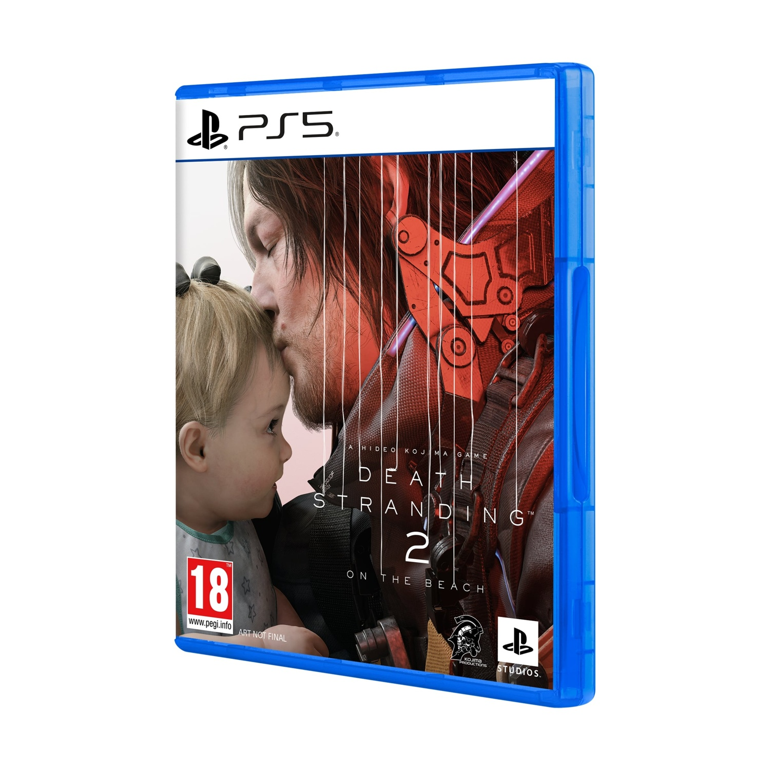 Una scatola di gioco PS5 con un uomo che bacia un bambino. Il titolo è 'Death Stranding 2'.
