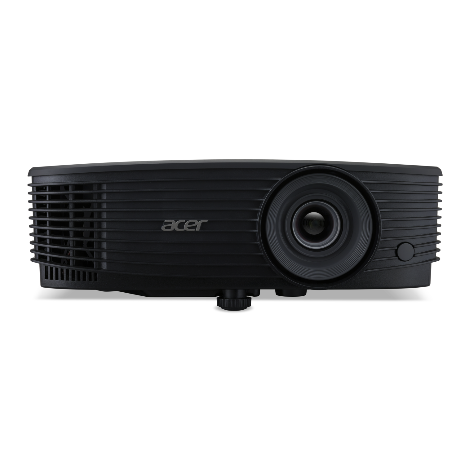 A black Acer projector on a black background. The lens is on the right side. The brand name is on the left.