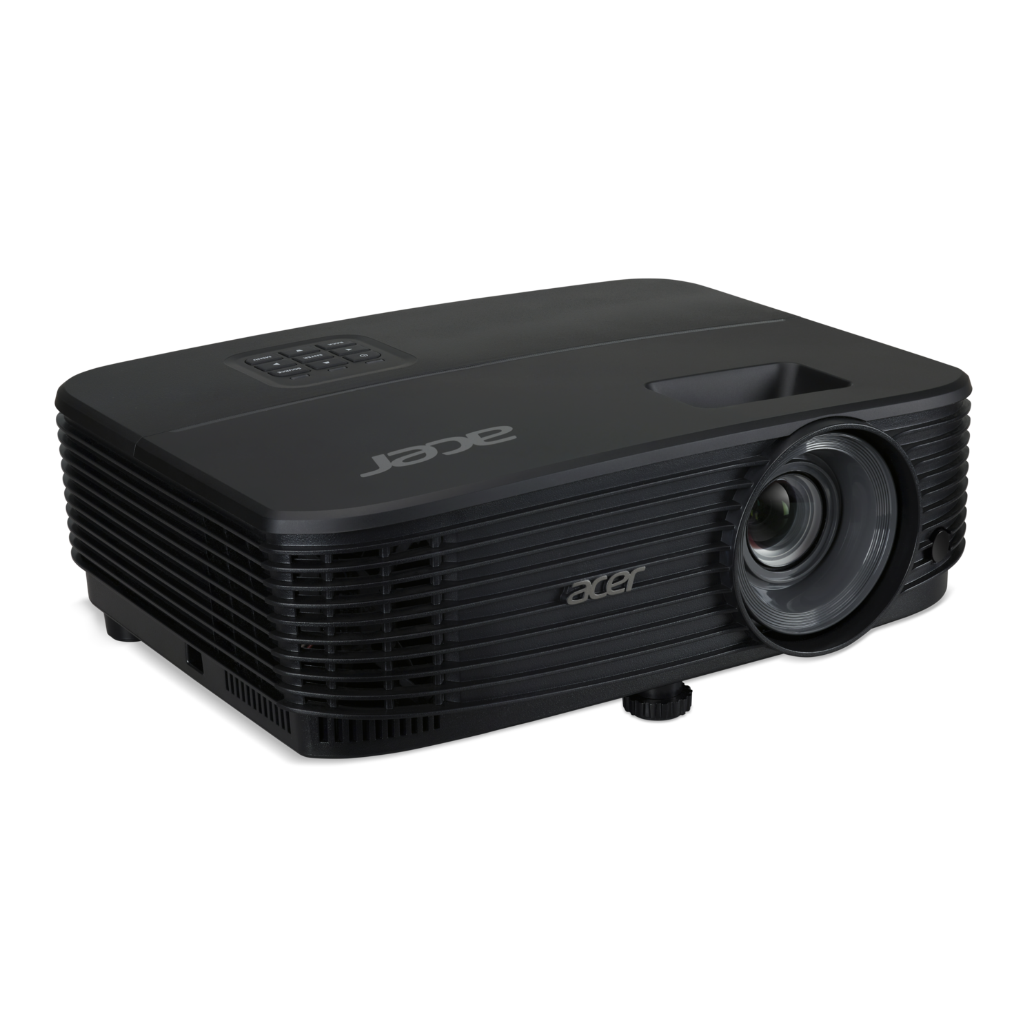 A black Acer projector on a black background. It has a lens, control buttons, and the Acer logo.