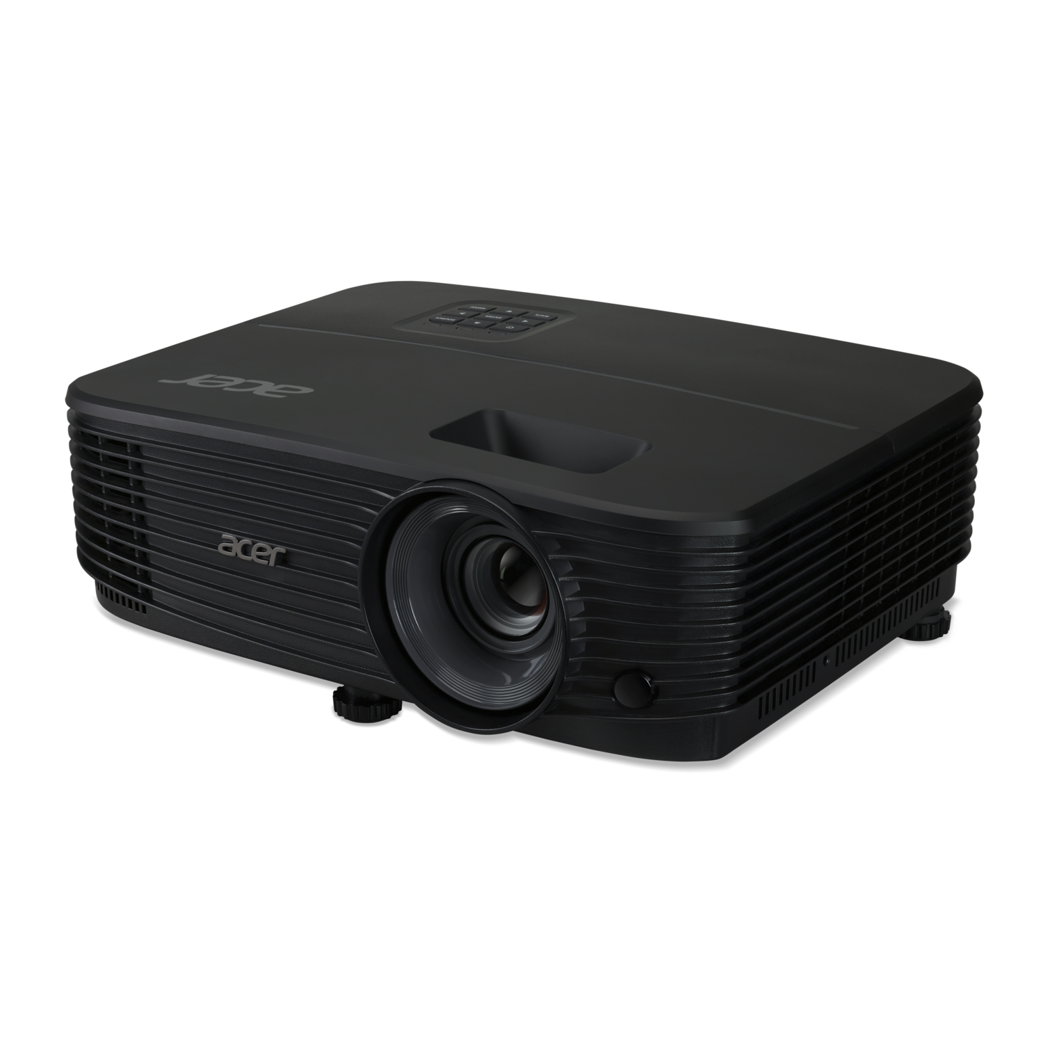 A black Acer projector sits on a black background. The lens and vents are visible. The Acer logo is displayed on the side.